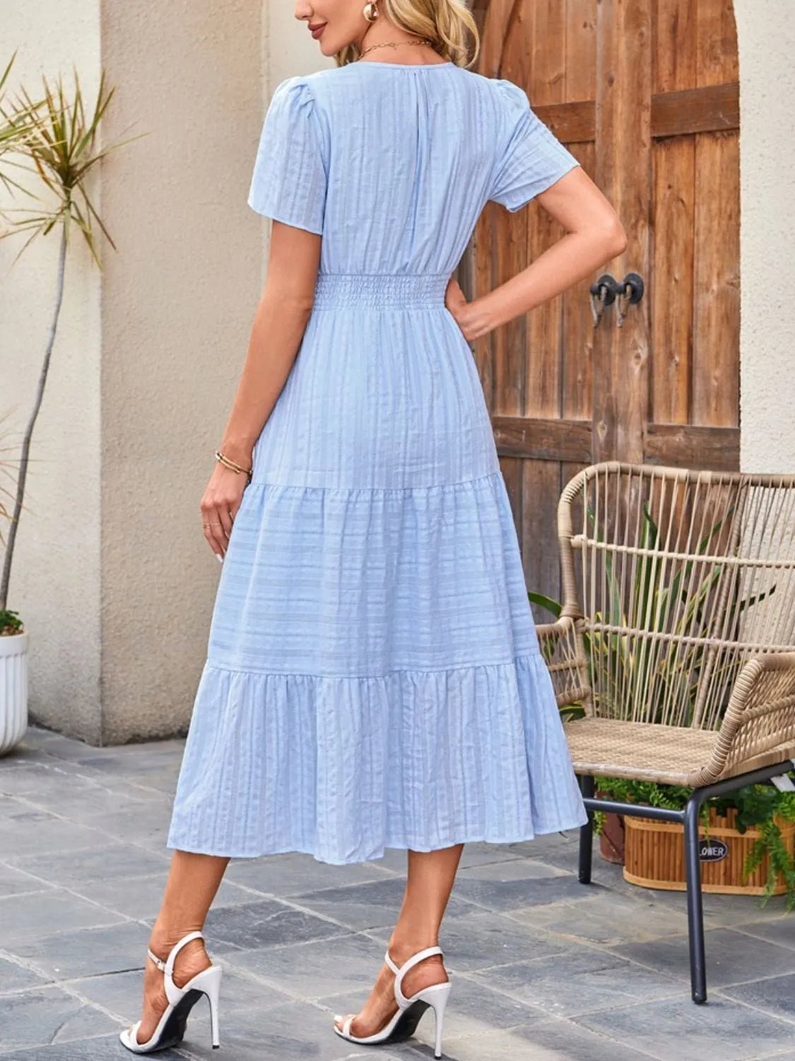 Tiered Notched Short Sleeve Dress - JUST - JEN BOUTIQUE