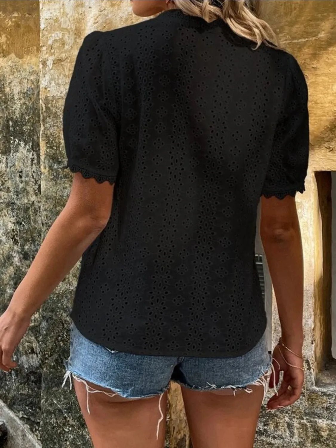 Full Size Eyelet V - Neck Short Sleeve Blouse Plus Size - JUST - JEN BOUTIQUE