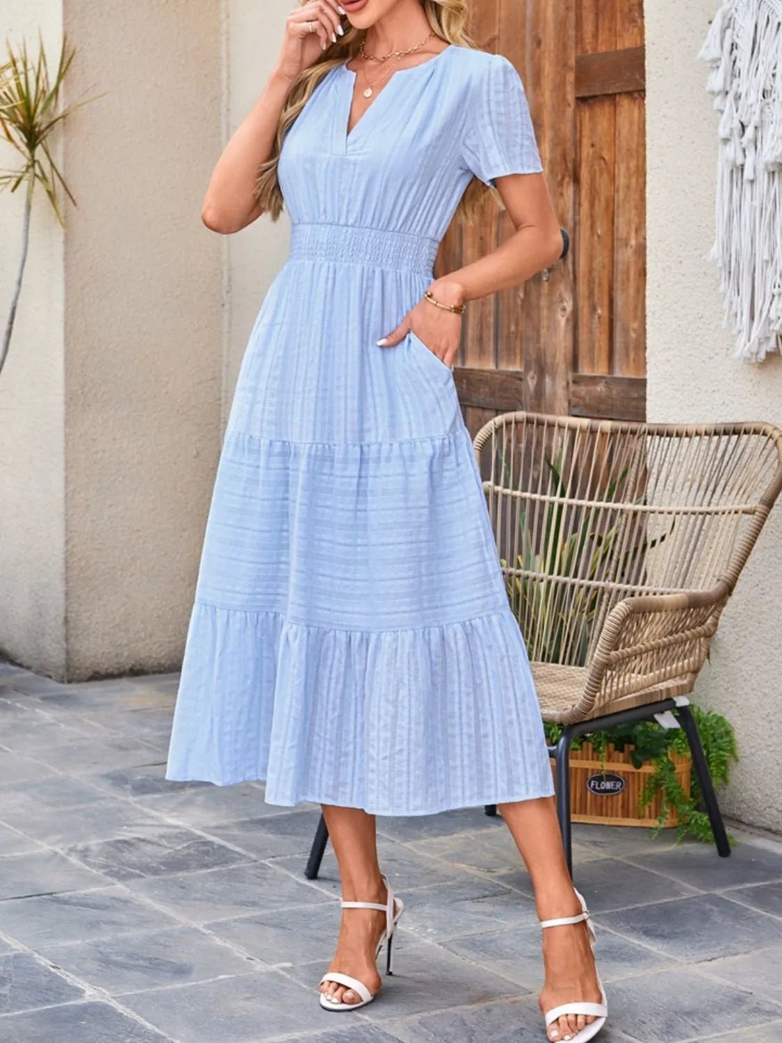 Tiered Notched Short Sleeve Dress - JUST - JEN BOUTIQUE