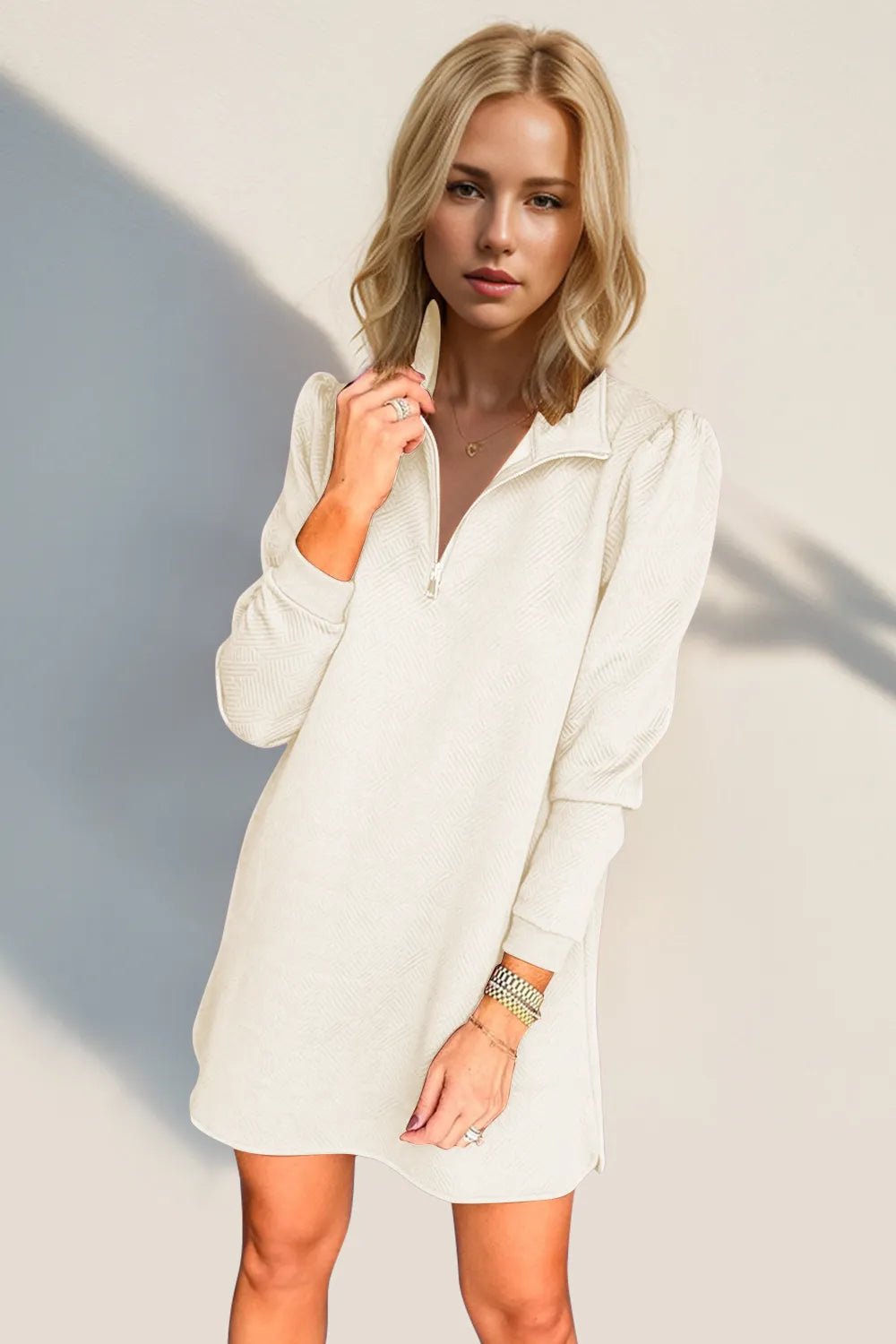 Double Take Textured Quarter Zip Long Sleeve Dress - JUST - JEN BOUTIQUE