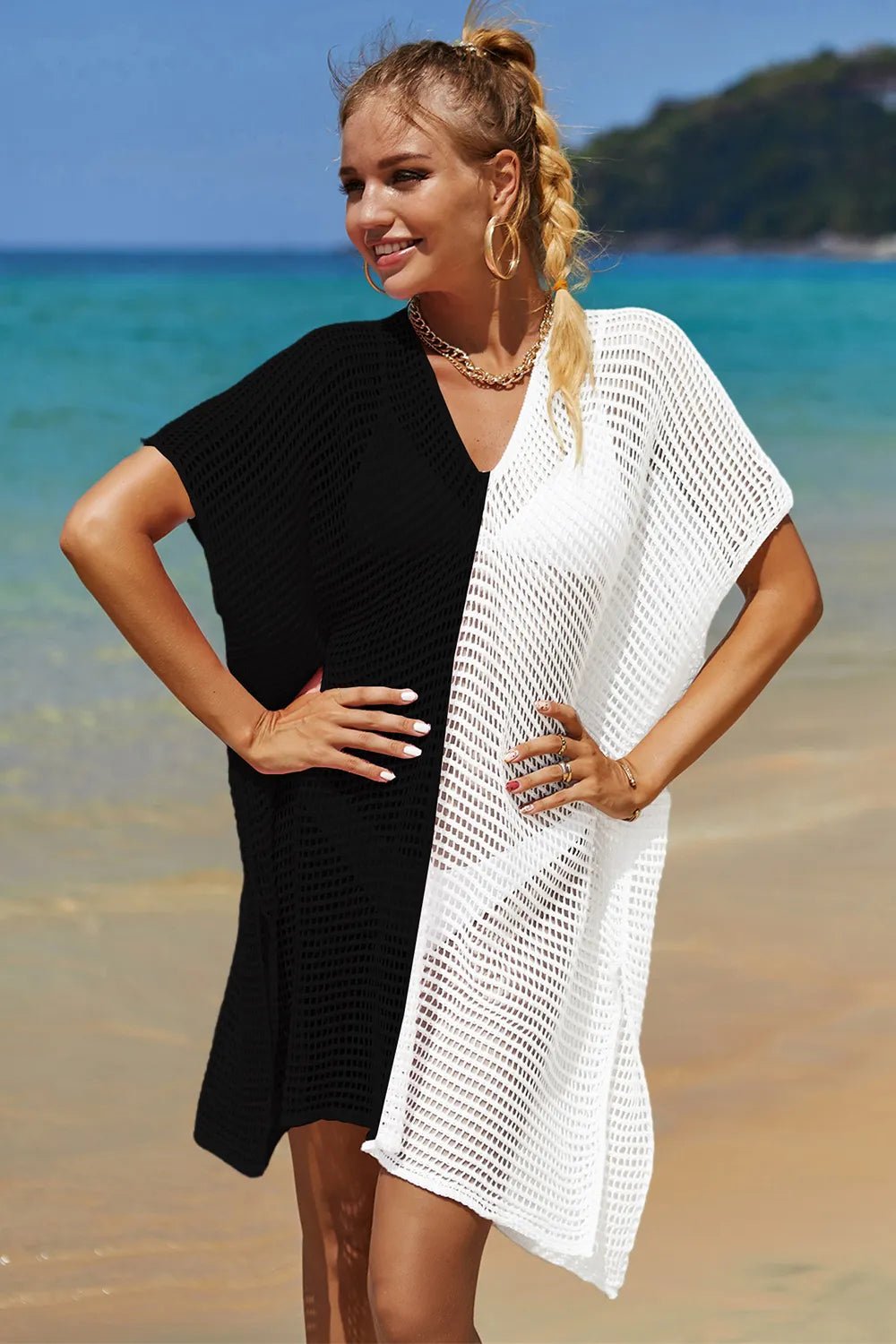 Angel Wings Openwork Contrast Slit Knit Cover Up - JUST - JEN BOUTIQUE