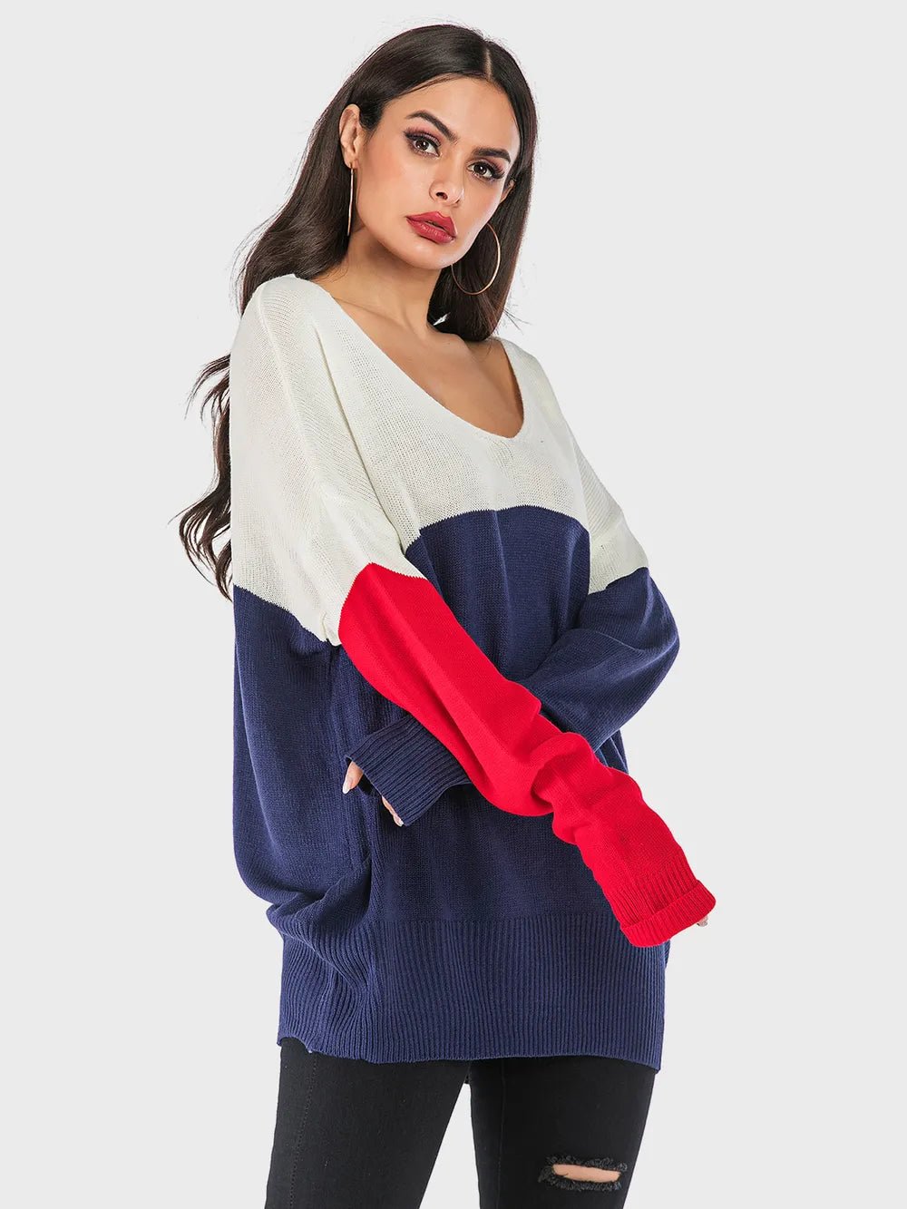 Perfee Contrast V - Neck Long Sleeve Knit Top - JUST - JEN BOUTIQUE
