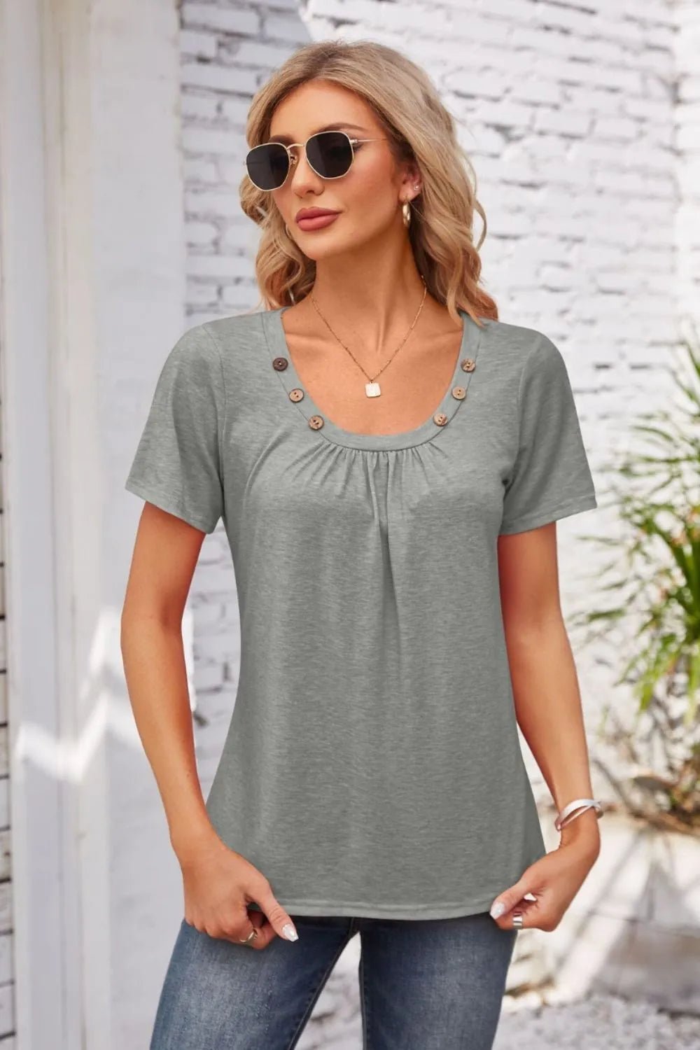 Decorative Button Scoop Neck T-Shirt - JUST - JEN BOUTIQUE