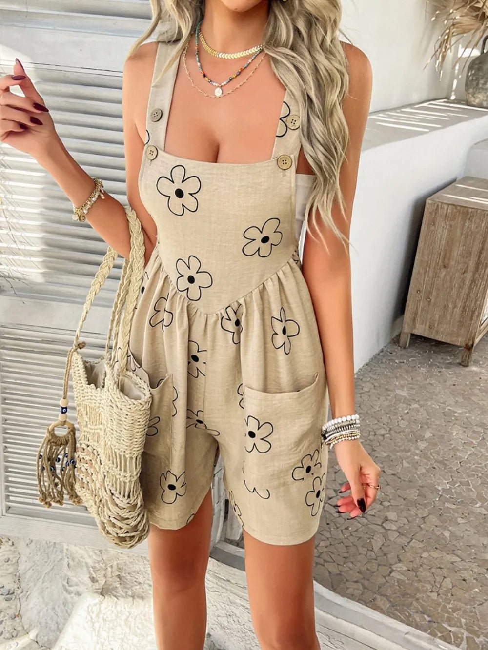 Devine Flower Wide Strap Overalls with Pockets - JUST - JEN BOUTIQUE