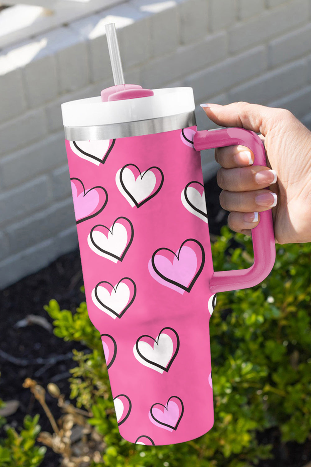 Rose Red Valentines Heart Printed Thermos Cup with Handle 1200ml