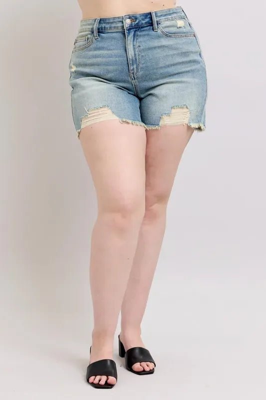 Judy Blue Full Size High Rise Washed Fly Stitch Detail and Destroy Denim Shorts Plus Size - JUST - JEN BOUTIQUE