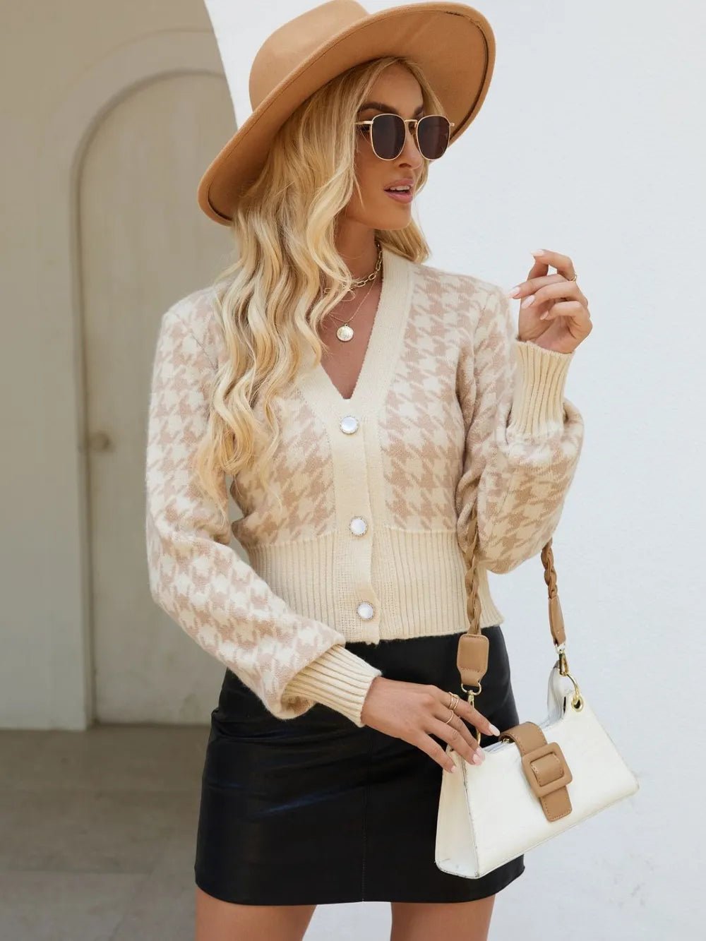 Houndstooth Button Up Long Sleeve Cardigan - JUST - JEN BOUTIQUE