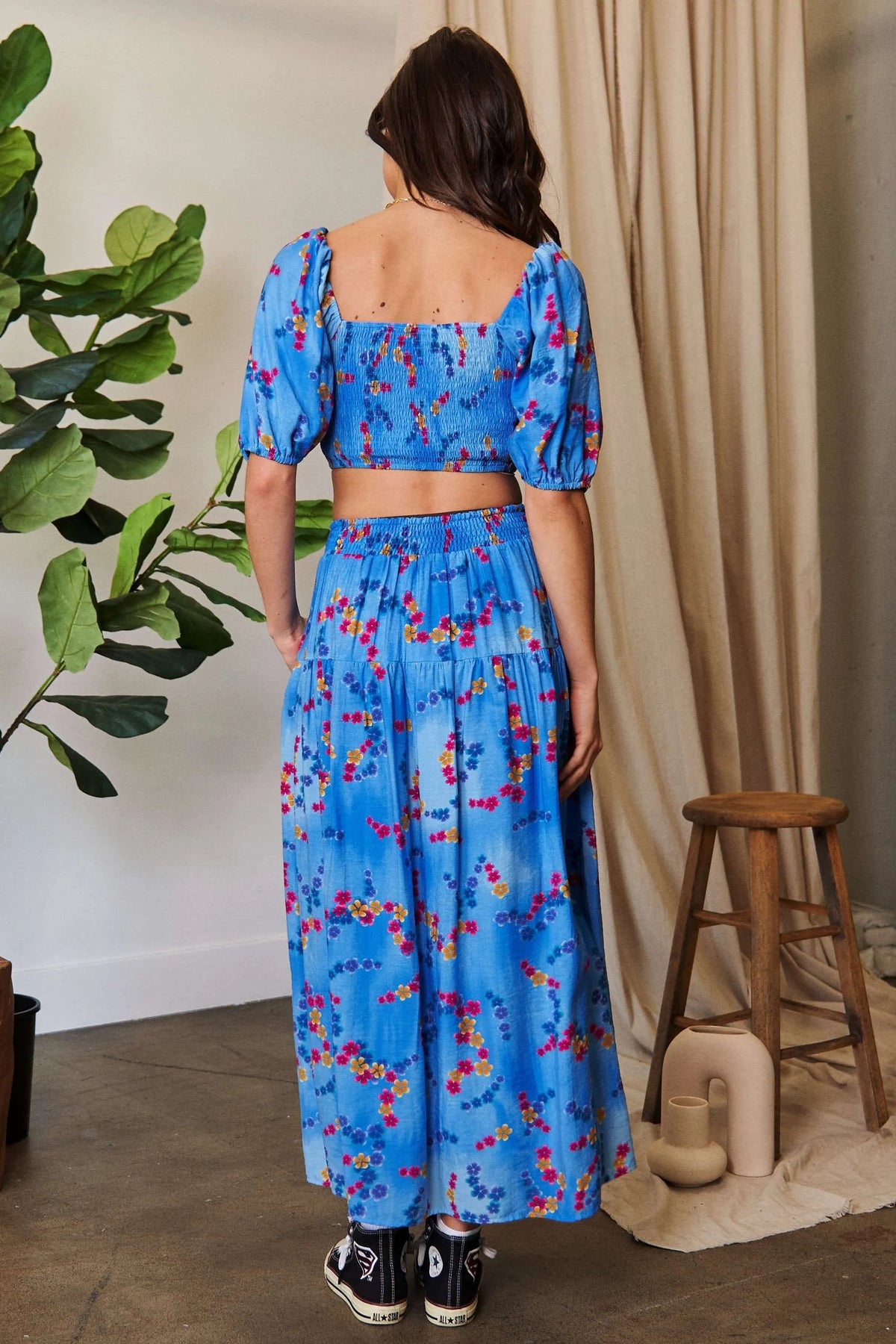 Davi & Dani Smocing Bodice Puff Short Sleeve Printed Crop Top - JUST - JEN BOUTIQUE