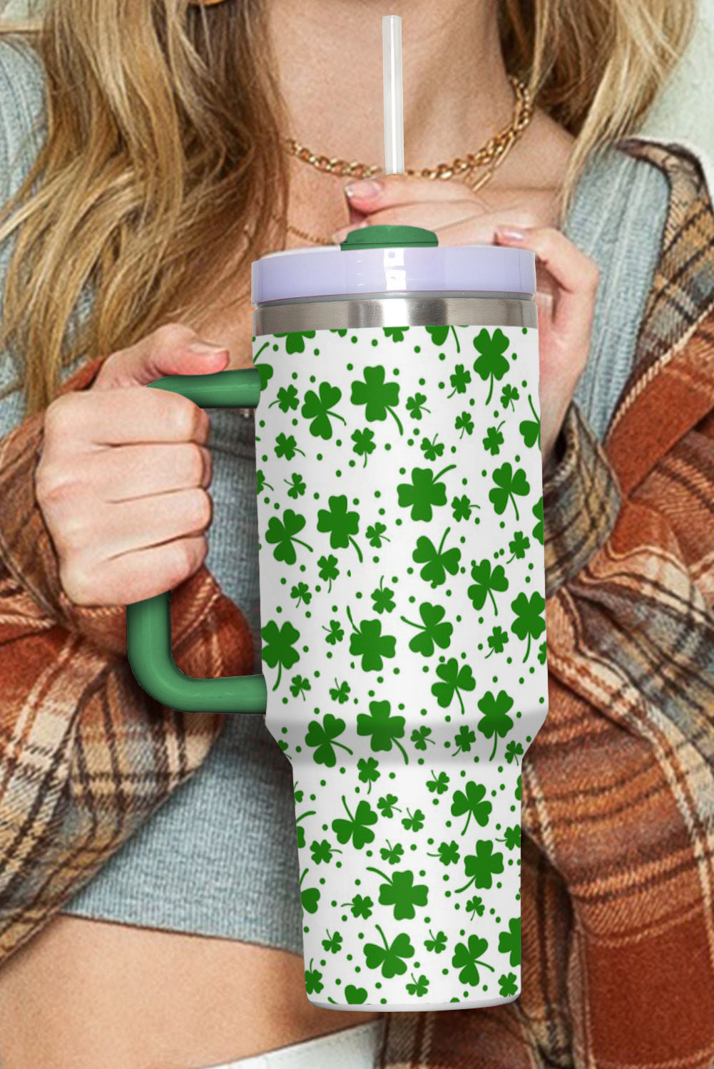 Dark Green Clover Print Thermos Cup with Handle 1200ml