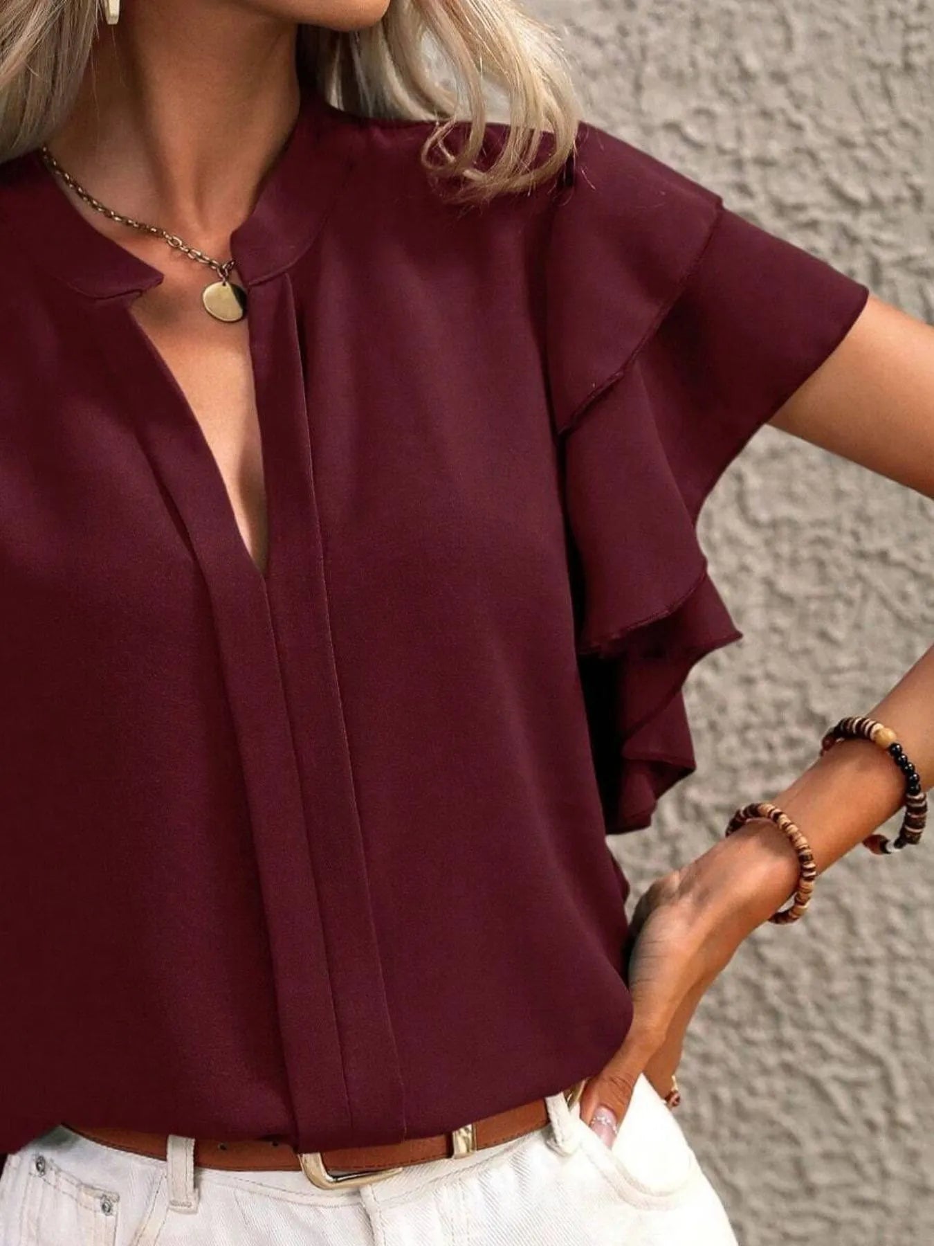 Ruffle Sleeve Notched Blouse - JUST - JEN BOUTIQUE