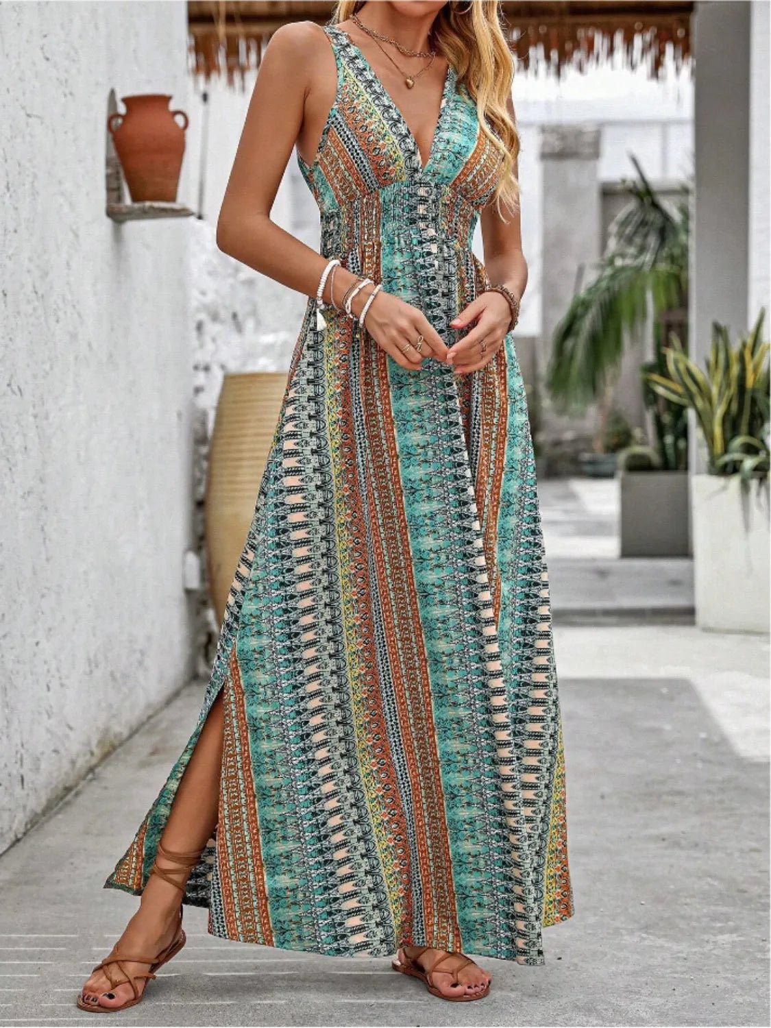 Tied Back Printed Sleeveless Maxi Slit Dress - JUST - JEN BOUTIQUE