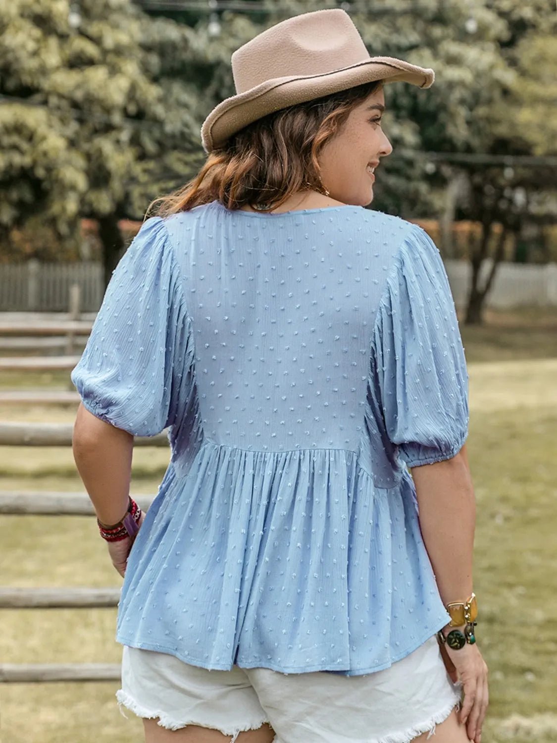 Plus Size Swiss Dot Tie Neck Short Sleeve Blouse - JUST - JEN BOUTIQUE