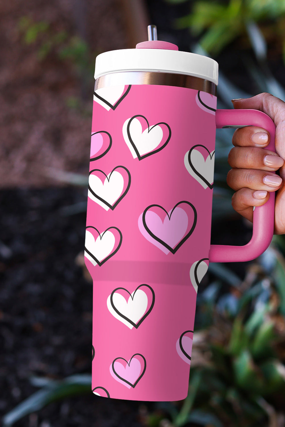 Rose Red Valentines Heart Printed Thermos Cup with Handle 1200ml