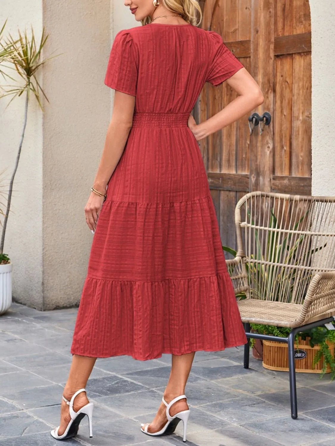 Tiered Notched Short Sleeve Dress - JUST - JEN BOUTIQUE