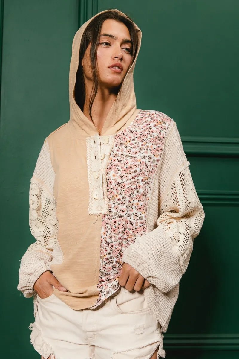 BiBi Slub Jersey with Lace Combo Buttoned Hoodie Top - JUST - JEN BOUTIQUE