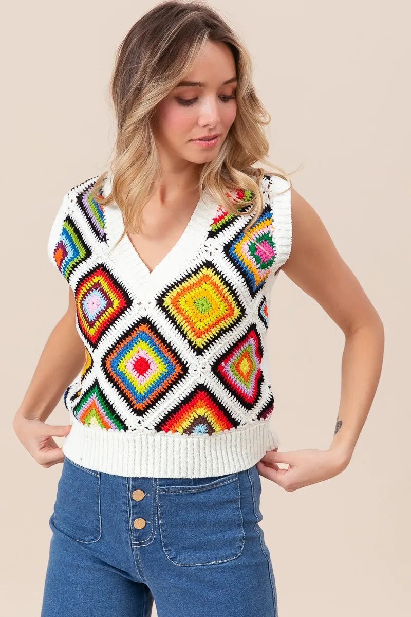 BiBi Diamond Granny Square Sweater Vest - JUST - JEN BOUTIQUE