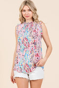 Lime 'N' Chili Full Size Graphic Print Ruffle Trim Mock Neck Sleeveless Top Plus Size - JUST - JEN BOUTIQUE