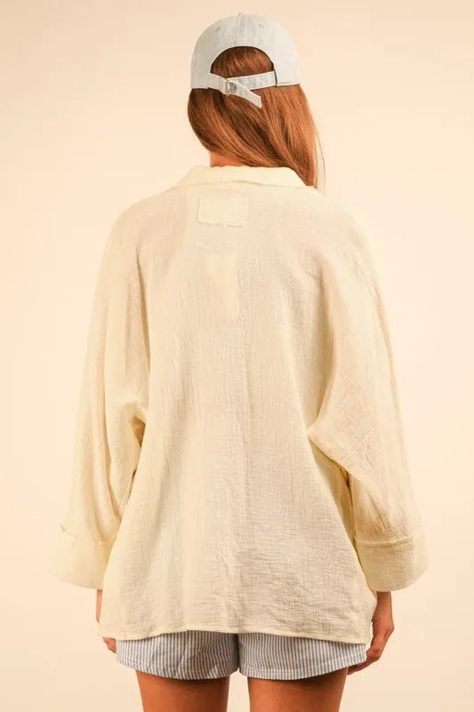 VERY J Full Size Dolman Sleeve Button Down Gauze Shirt Plus Size - JUST - JEN BOUTIQUE