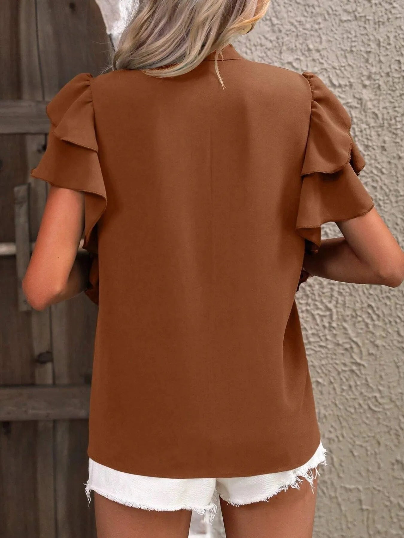 Ruffle Sleeve Notched Blouse - JUST - JEN BOUTIQUE