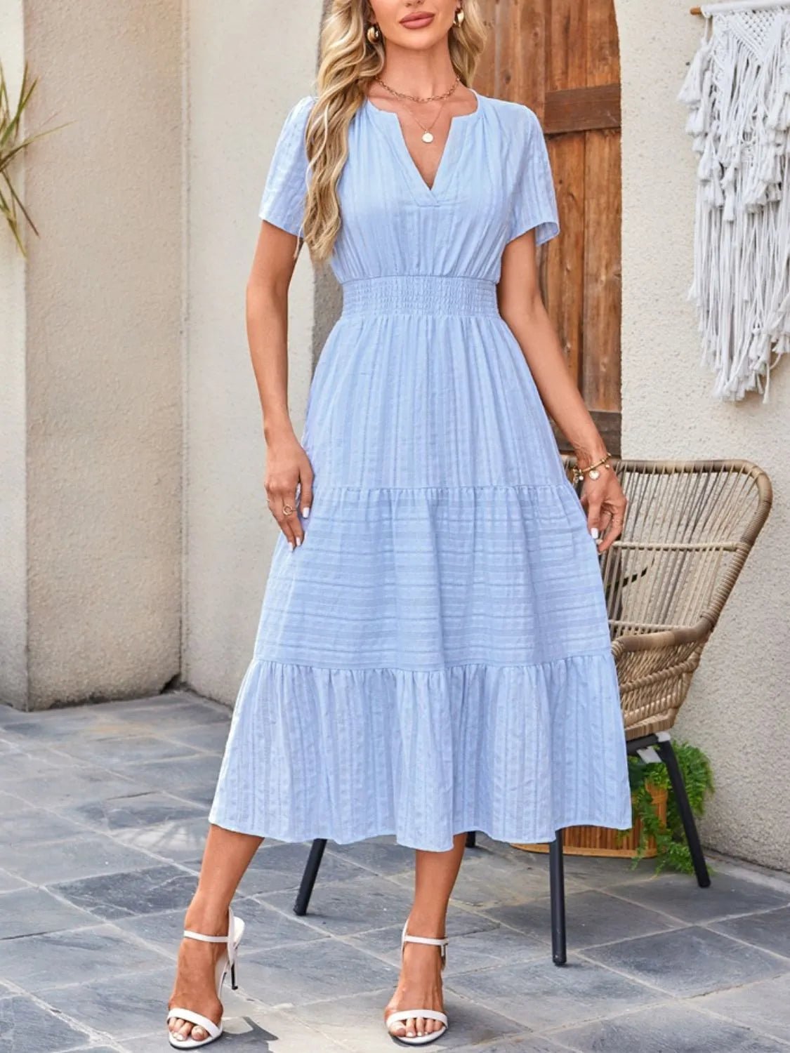 Tiered Notched Short Sleeve Dress - JUST - JEN BOUTIQUE