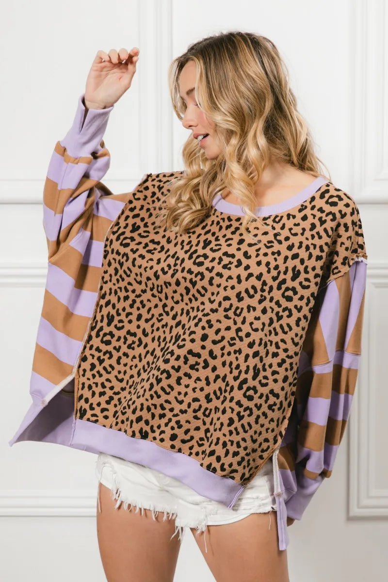 BiBi Leopard and Stripe Mixed Top - JUST - JEN BOUTIQUE