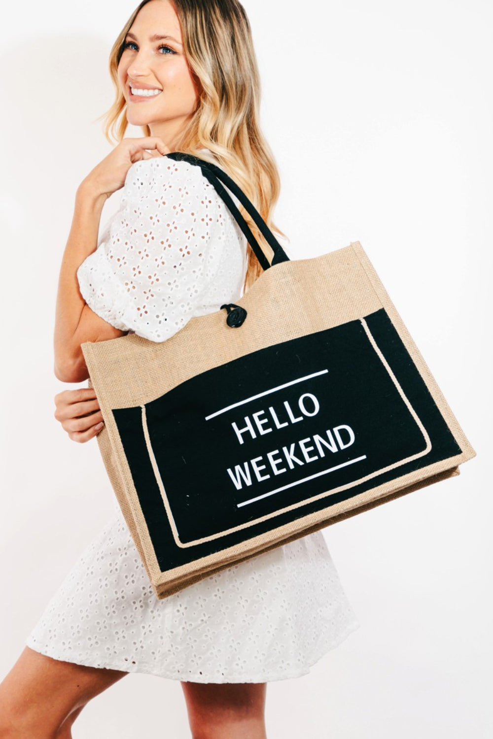 Fame Hello Weekend Burlap Tote Bag