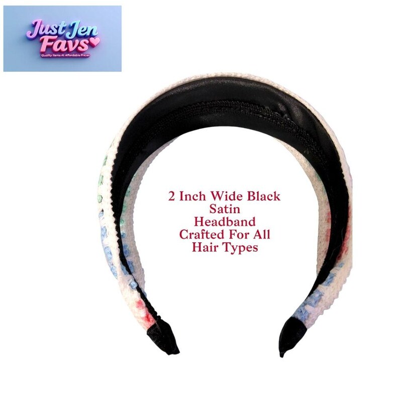 Black Satin Headband with Multi-Color Crochet Embroidery, Designed By Just Jen