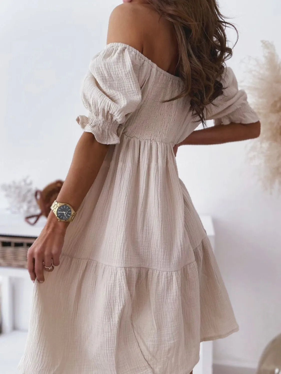 Smocked Off - Shoulder Mini Dress - JUST - JEN BOUTIQUE