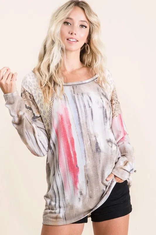 BiBi Tie Dye Knit Top with Print Block Shoulder - JUST - JEN BOUTIQUE