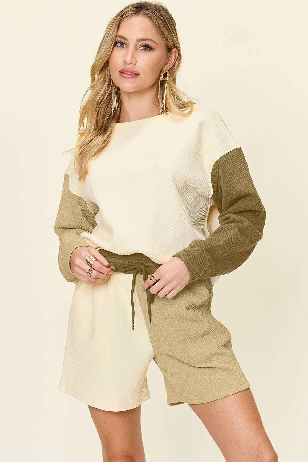 Double Take Full Size Contrast Drop Shoulder Top and Shorts Set - JUST - JEN BOUTIQUE