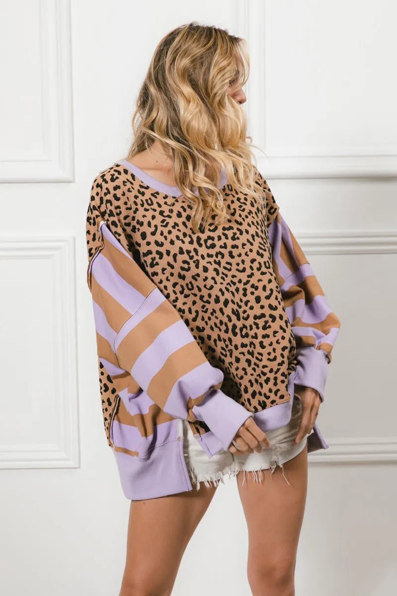 BiBi Leopard and Stripe Mixed Top - JUST - JEN BOUTIQUE
