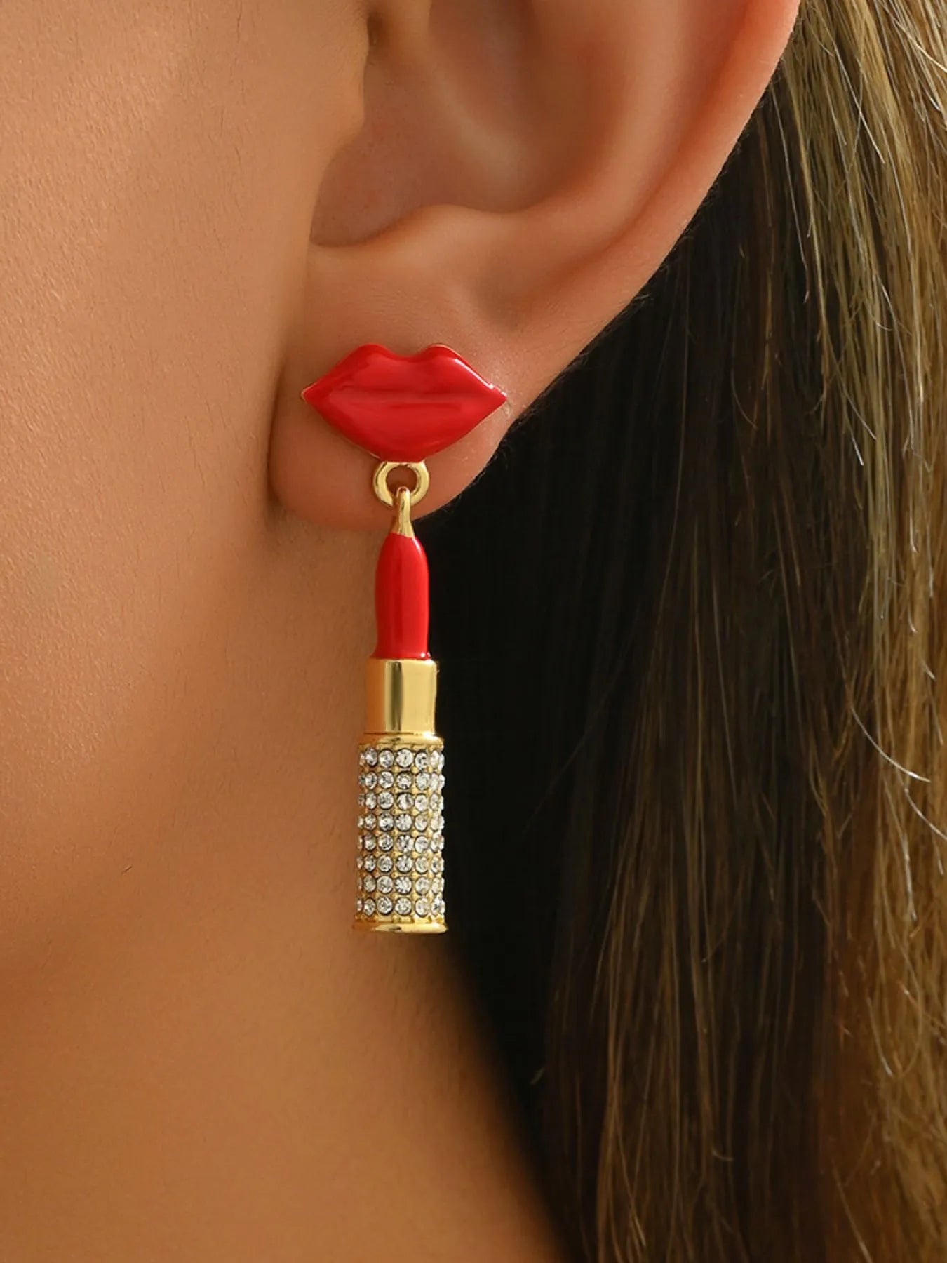 Stainless Steel Resin Lips Lipstick Rhinestone Earrings - JUST - JEN BOUTIQUE
