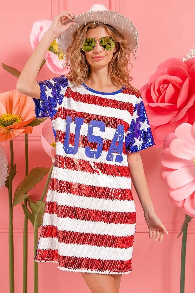 BiBi American Flag Theme Usa Print Sequin Dress - JUST - JEN BOUTIQUE