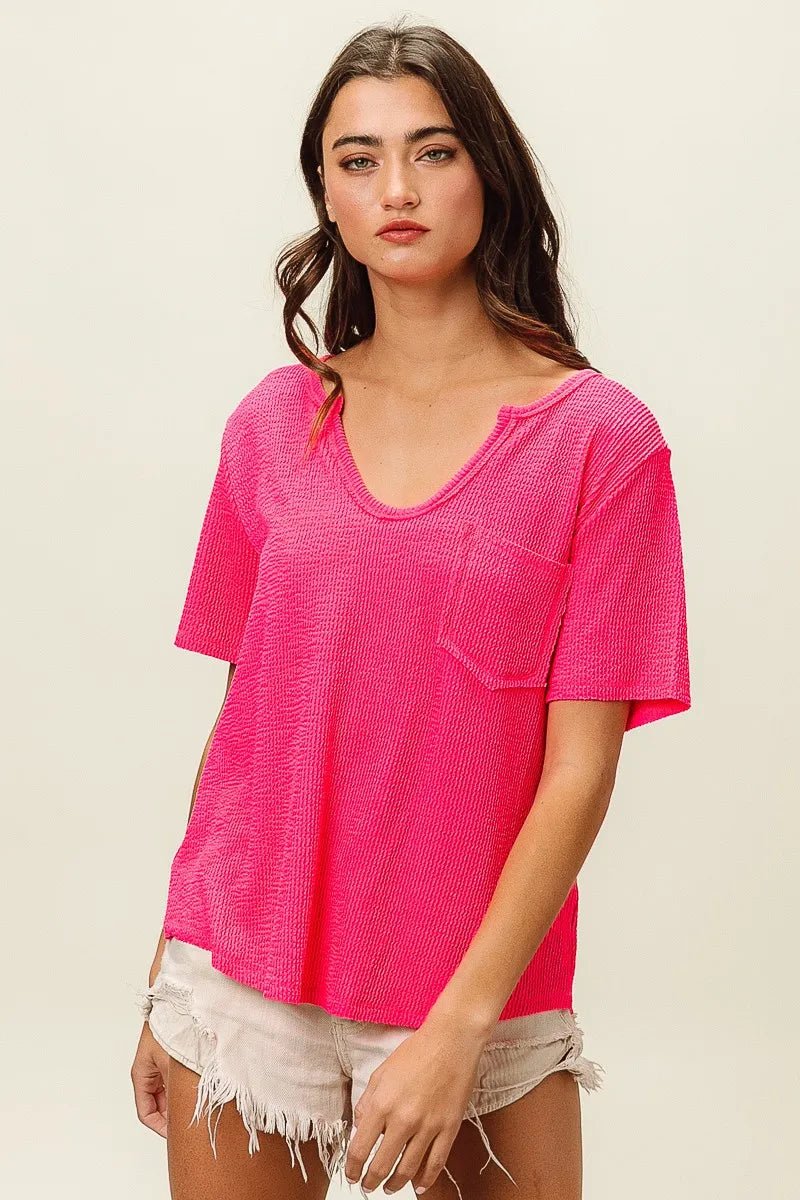 BiBi Waved Rib U Neck Top With Front Pocket - JUST - JEN BOUTIQUE