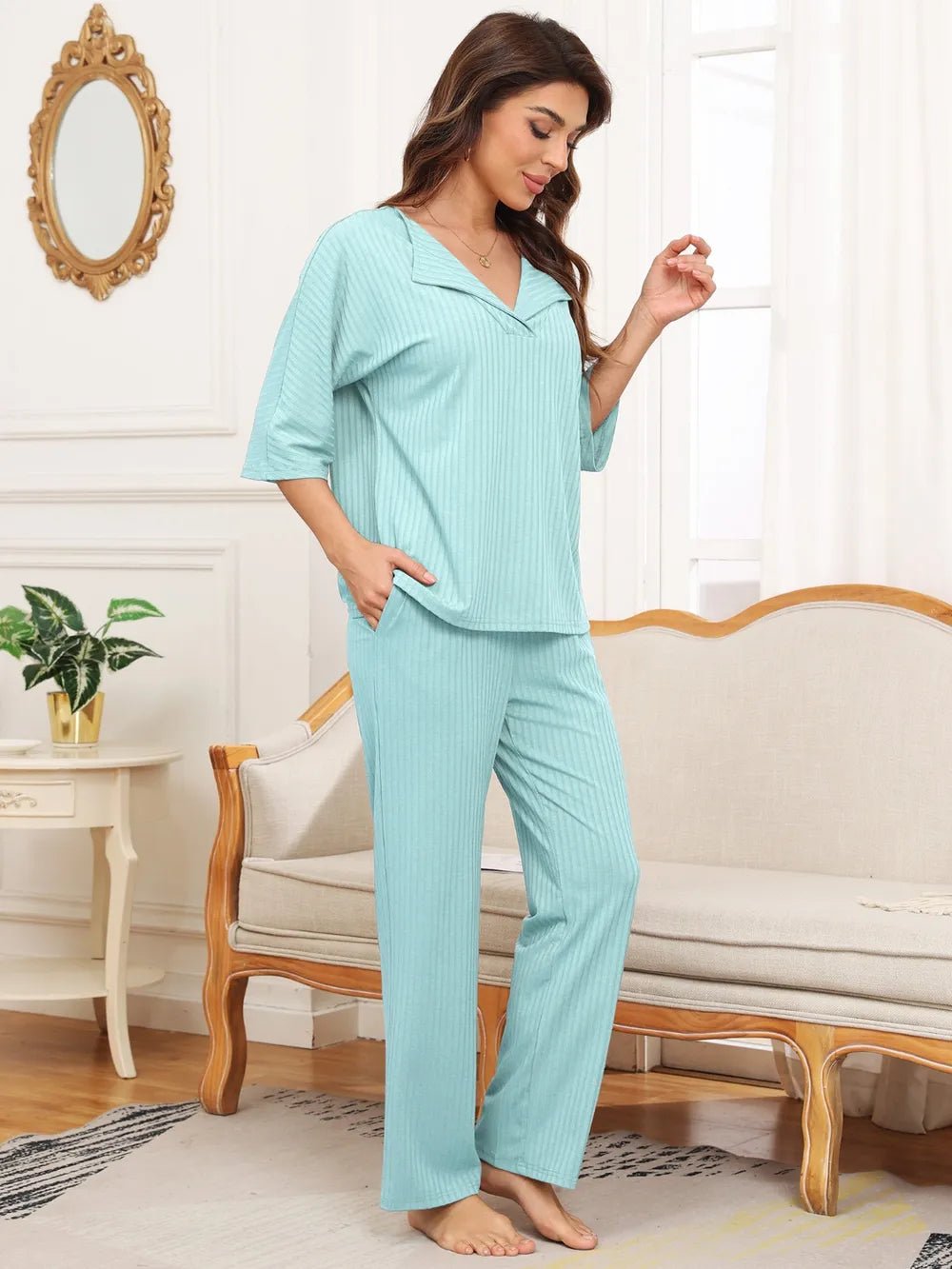 Ribbed Half Sleeve Top and Pocketed Pants Set - JUST - JEN BOUTIQUE
