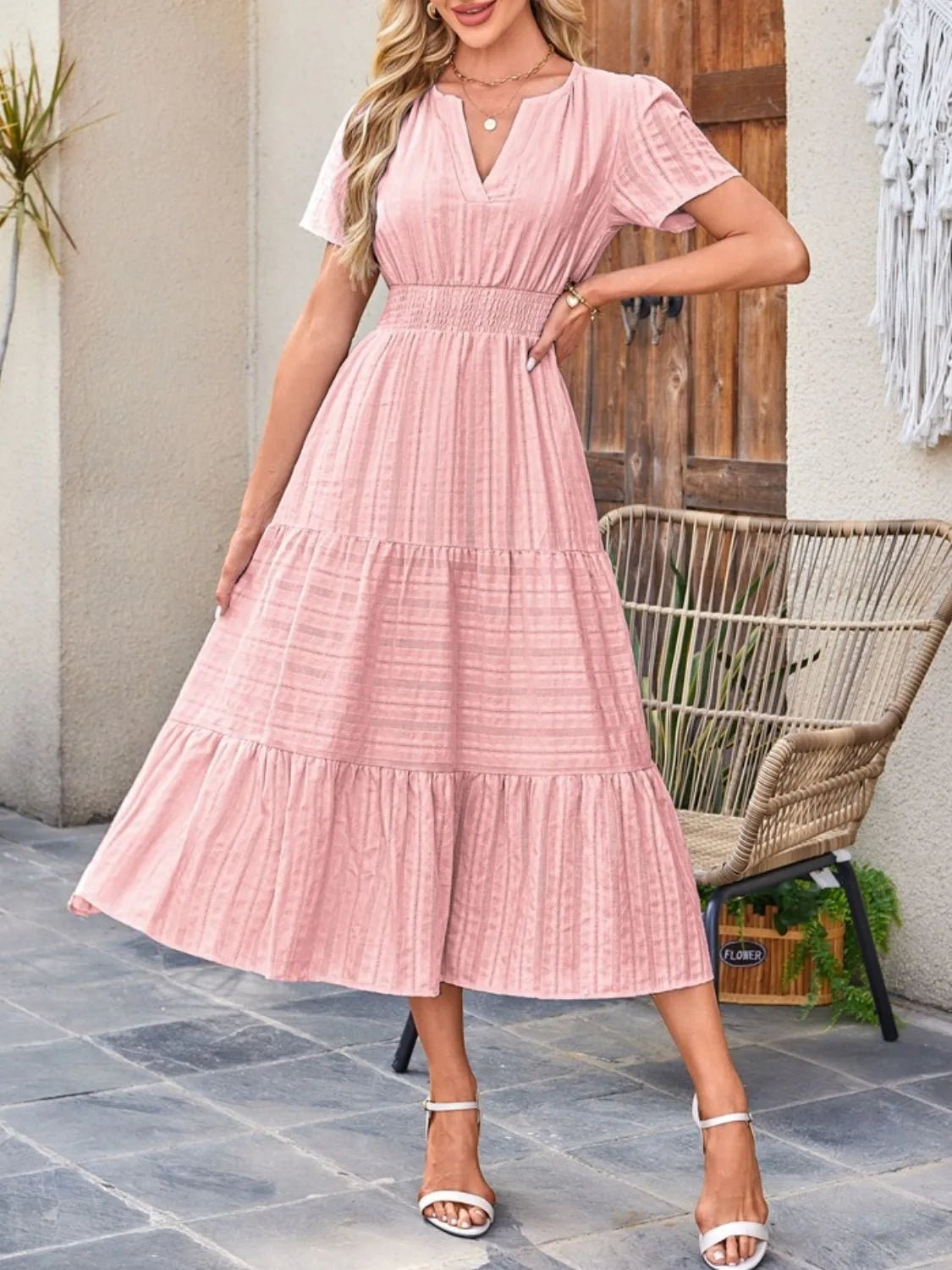 Tiered Notched Short Sleeve Dress - JUST - JEN BOUTIQUE