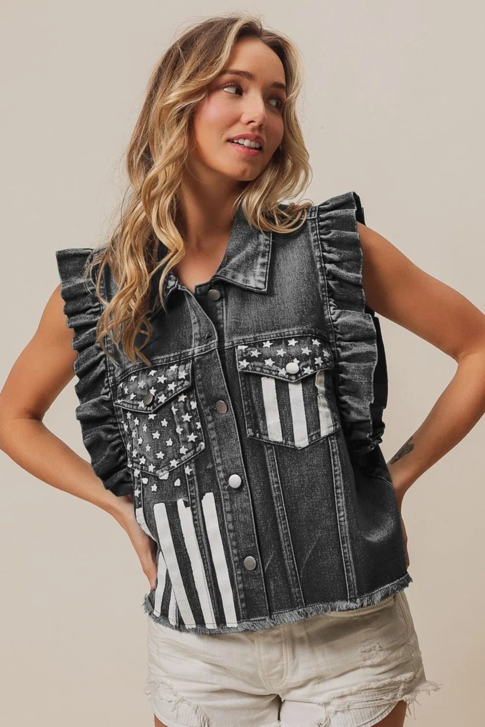 BiBi American Flag Washed Denim Jacket - JUST - JEN BOUTIQUE