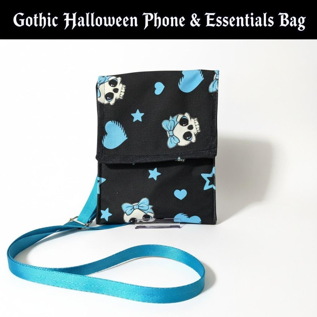 Gothic Skull Cell Phone Crossbody Bag W/3 Compartments Black & Blue