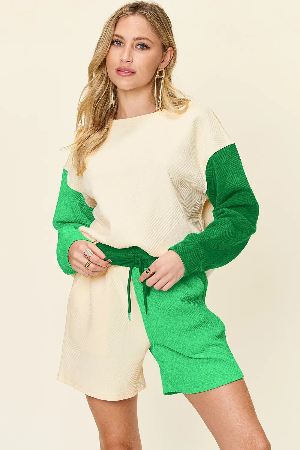 Double Take Full Size Contrast Drop Shoulder Top and Shorts Set - JUST - JEN BOUTIQUE