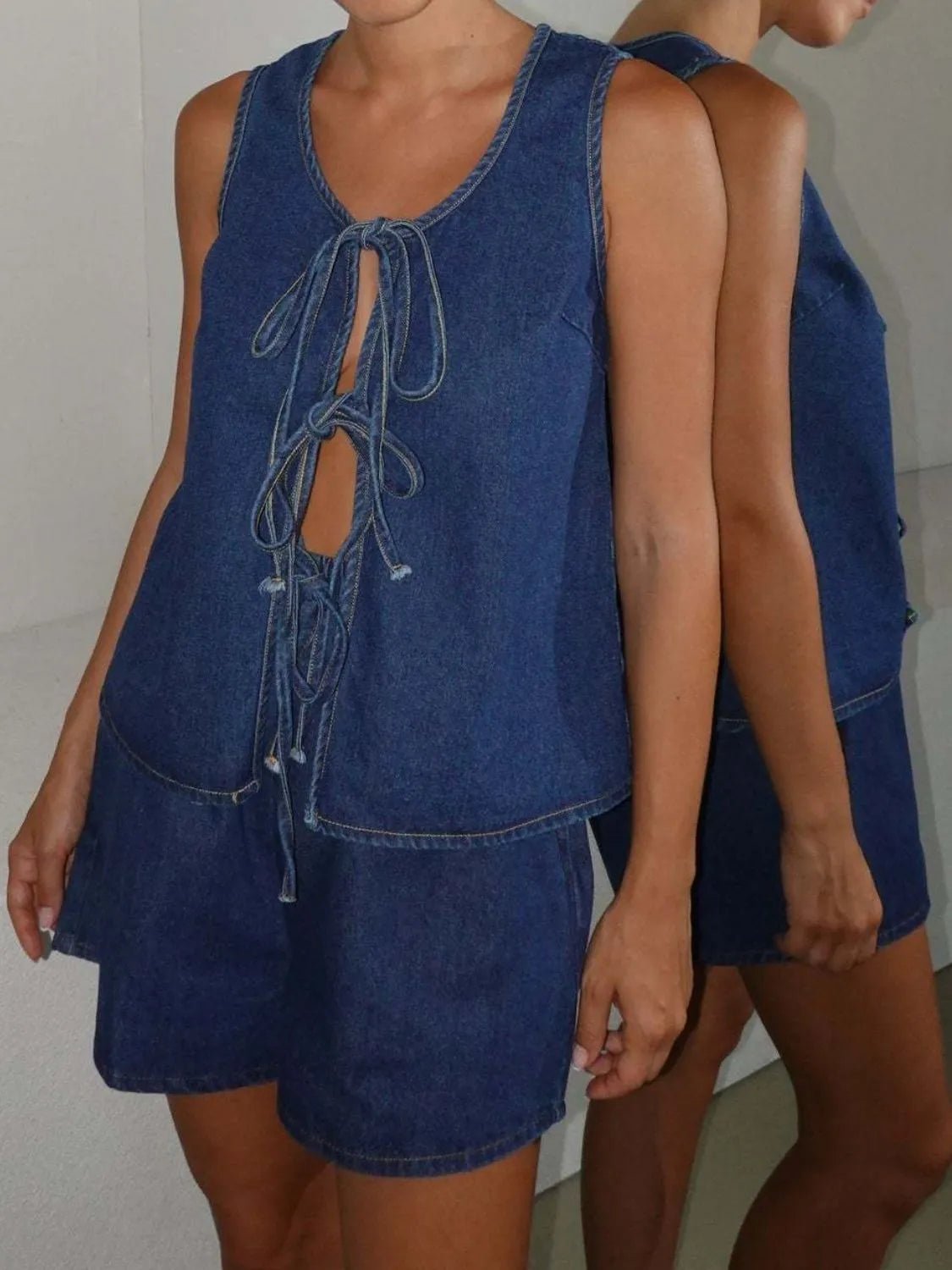 Tie Front Vest and Shorts Denim Set - JUST - JEN BOUTIQUE