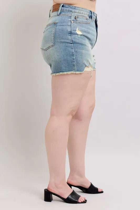 Judy Blue Full Size High Rise Washed Fly Stitch Detail and Destroy Denim Shorts Plus Size - JUST - JEN BOUTIQUE