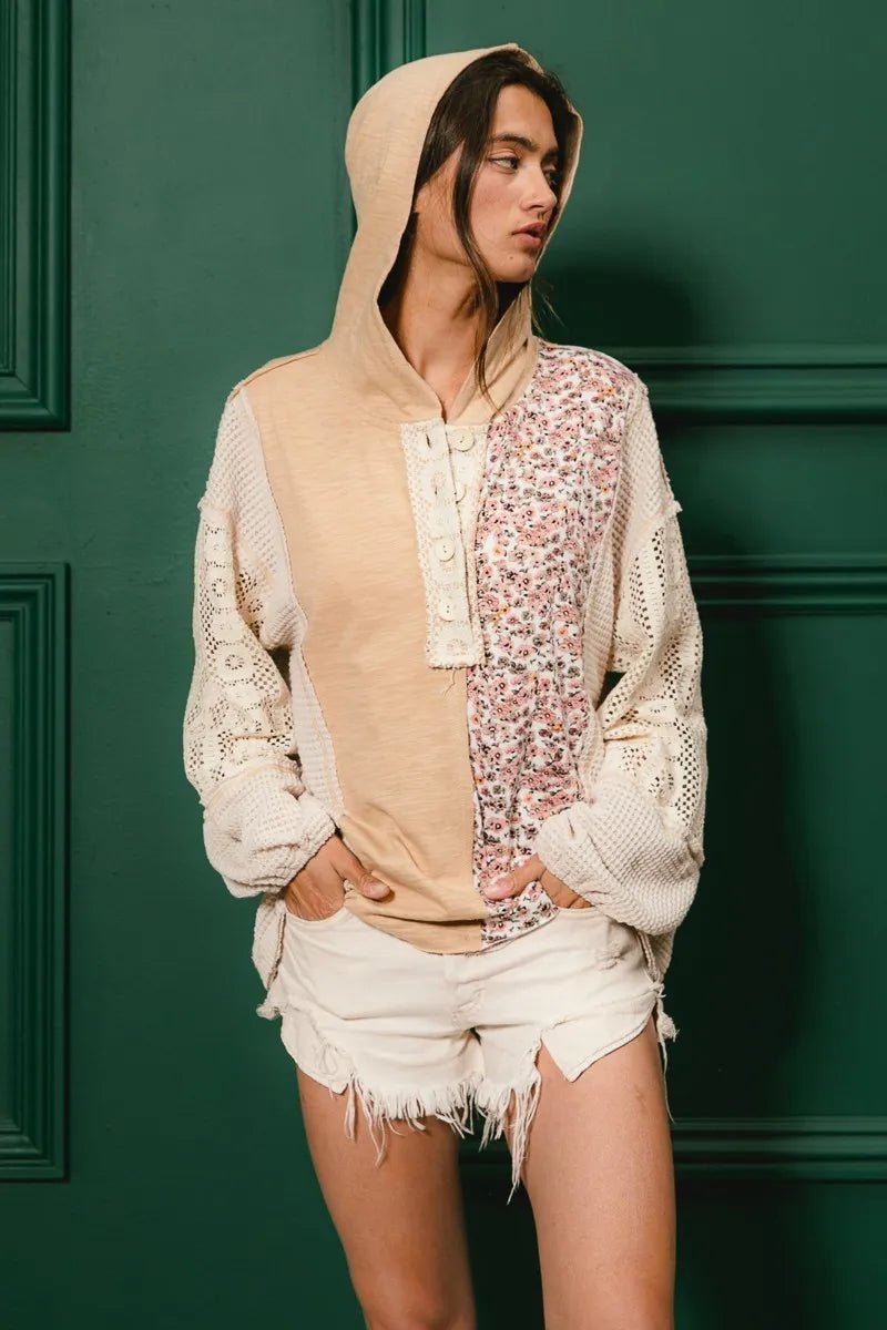 BiBi Slub Jersey with Lace Combo Buttoned Hoodie Top - JUST - JEN BOUTIQUE