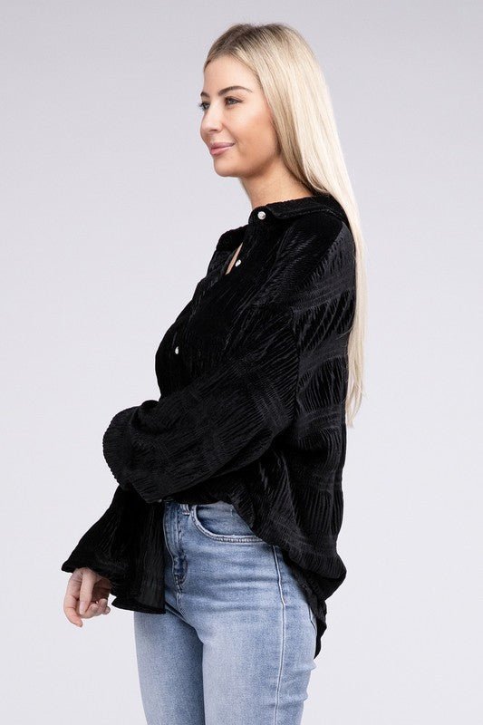 Wrinkle Effect Tiered Shirring Velvet Shirt - JUST - JEN BOUTIQUE