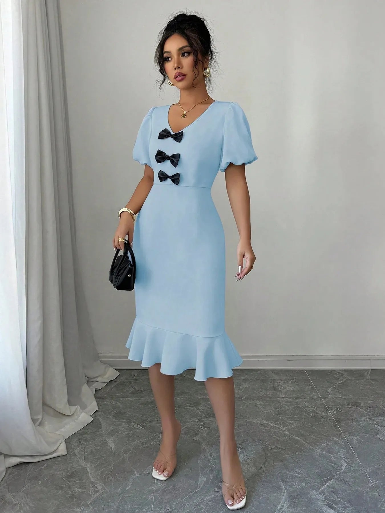 Bow Detail Puff Sleeve Midi Dress - JUST - JEN BOUTIQUE