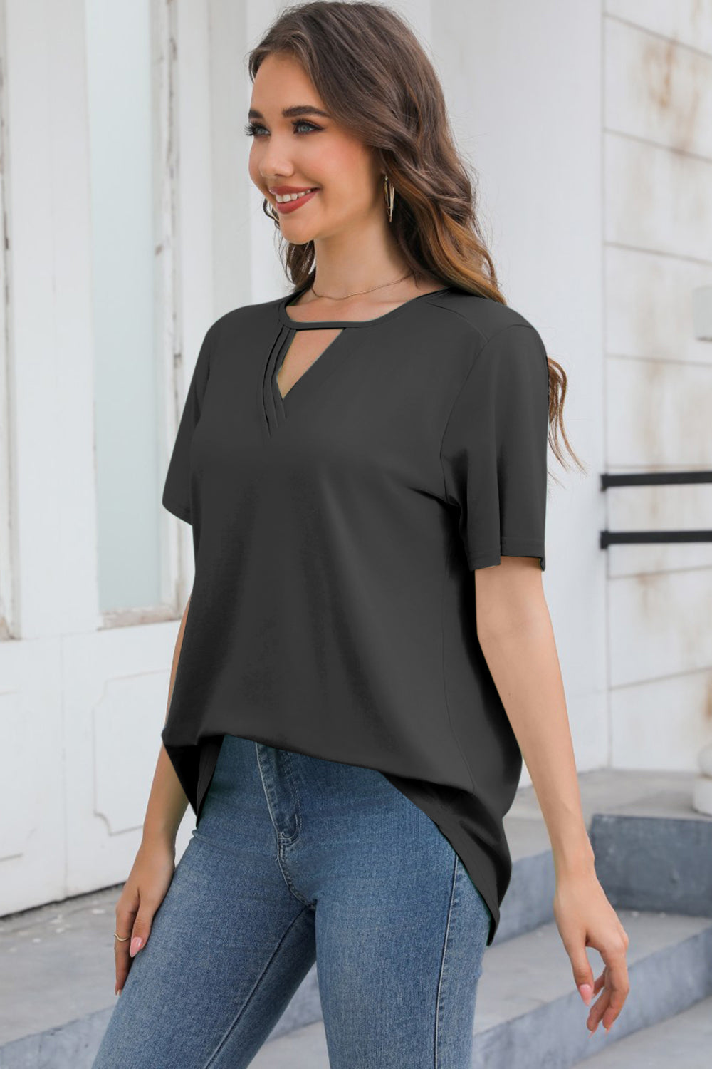 Cutout V-Neck Short Sleeve T-Shirt