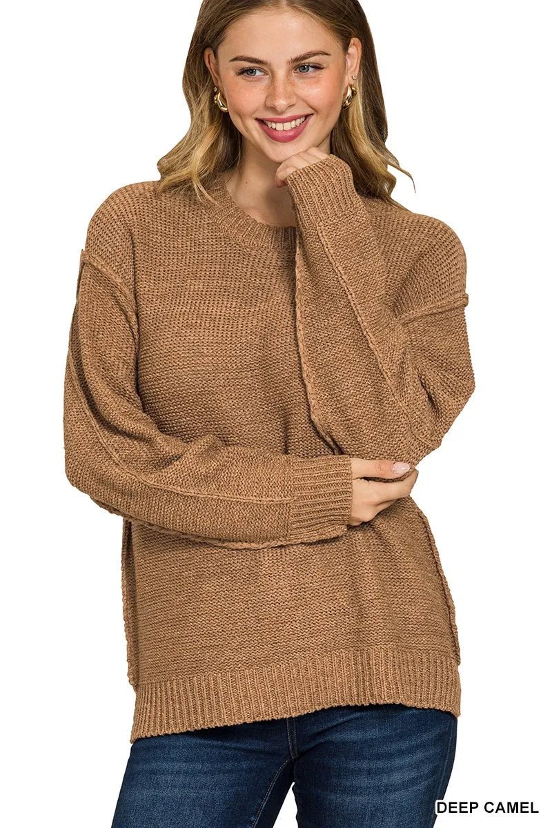 Zenana Exposed Seam Round Neck Sweater - JUST - JEN BOUTIQUE