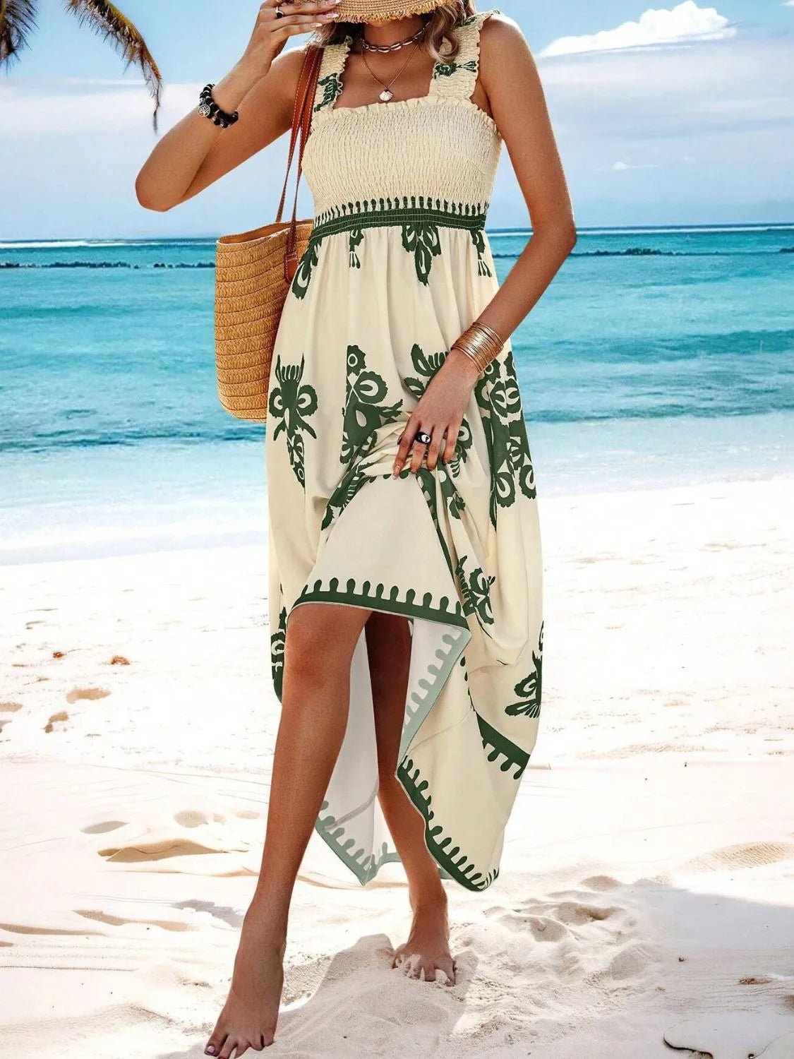 Smocked Printed Wide Strap Maxi Dress - JUST - JEN BOUTIQUE