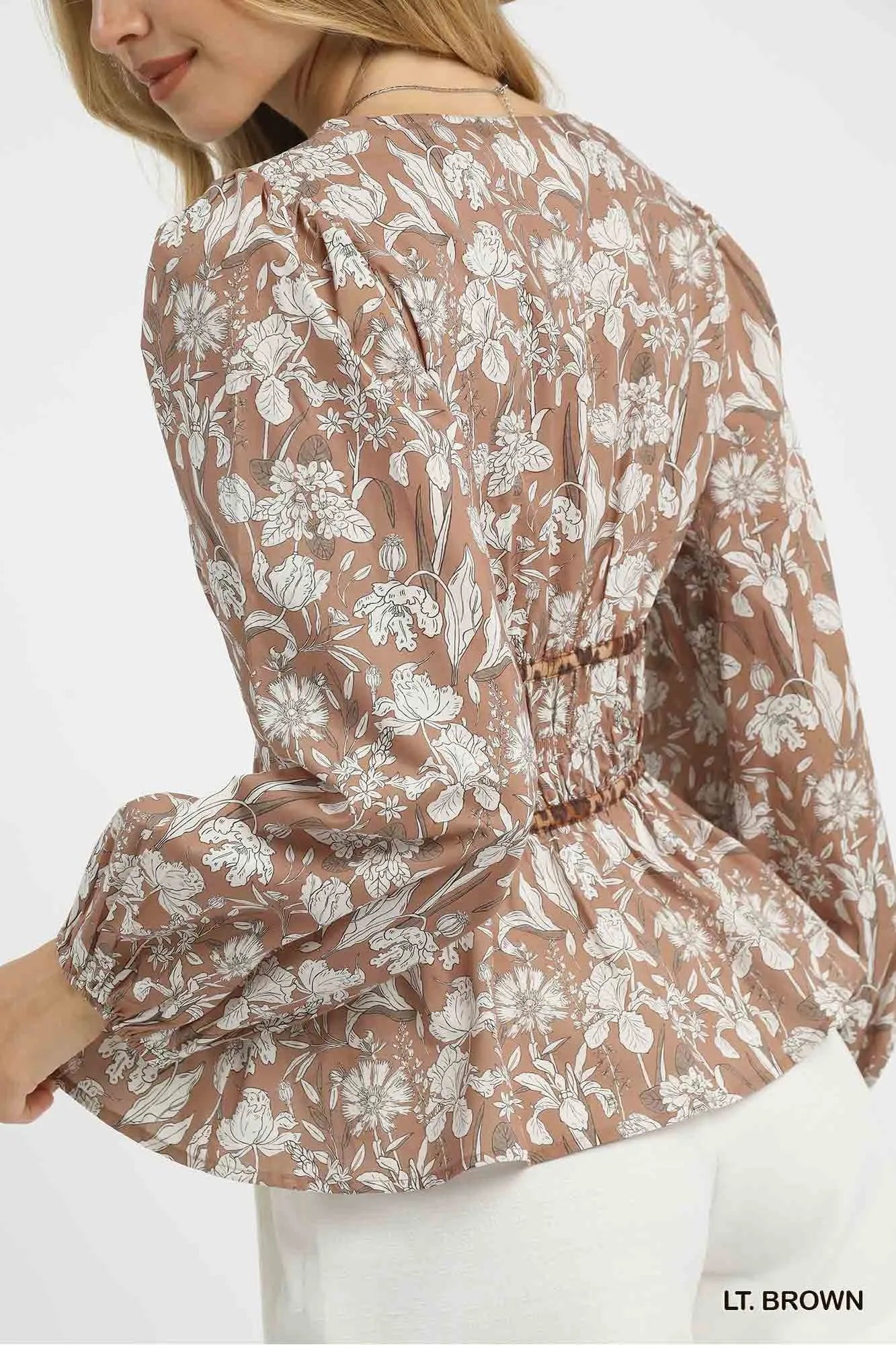 Umgee Floral Smocked Peplum Blouse with Tie Detail - JUST - JEN BOUTIQUE