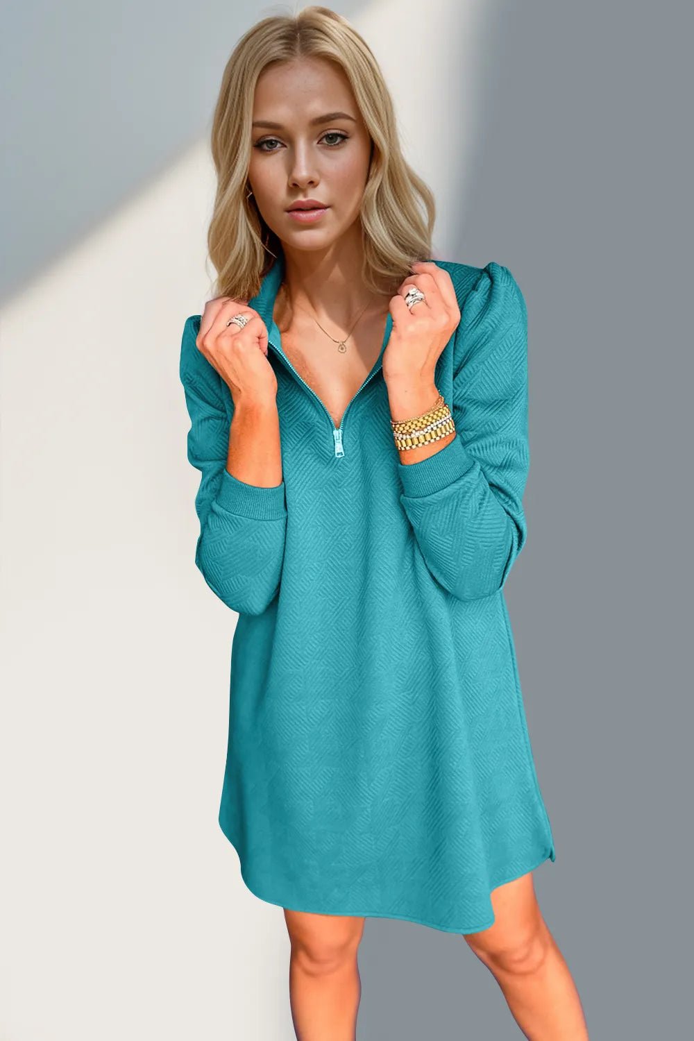 Double Take Textured Quarter Zip Long Sleeve Dress - JUST - JEN BOUTIQUE