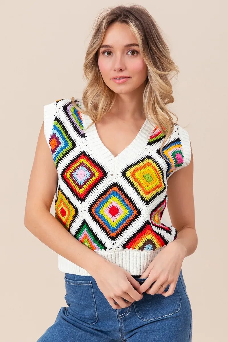 BiBi Diamond Granny Square Sweater Vest - JUST - JEN BOUTIQUE